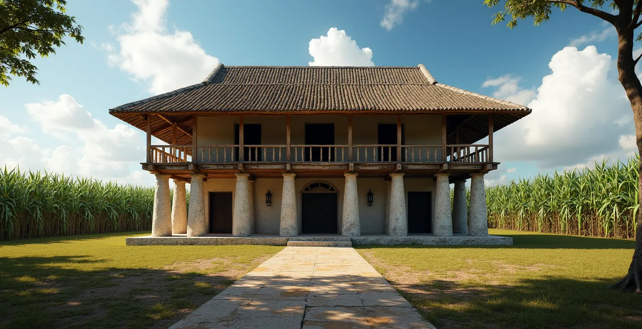 Contraste architectural entre maison de maître surélevée et cases d'esclaves sur un domaine sucrier réunionnais