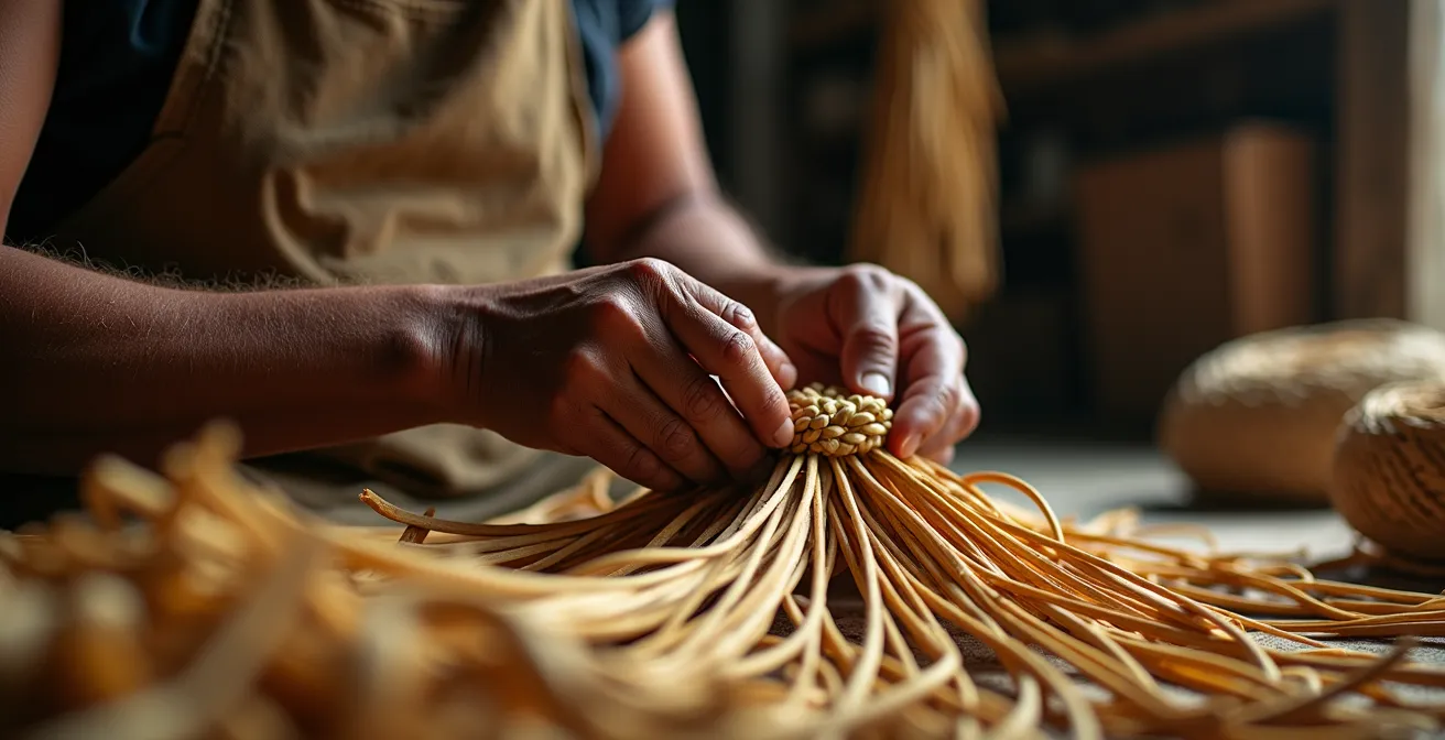 Gros plan sur des mains d'artisan tressant des feuilles de vacoa séchées dans un atelier traditionnel réunionnais