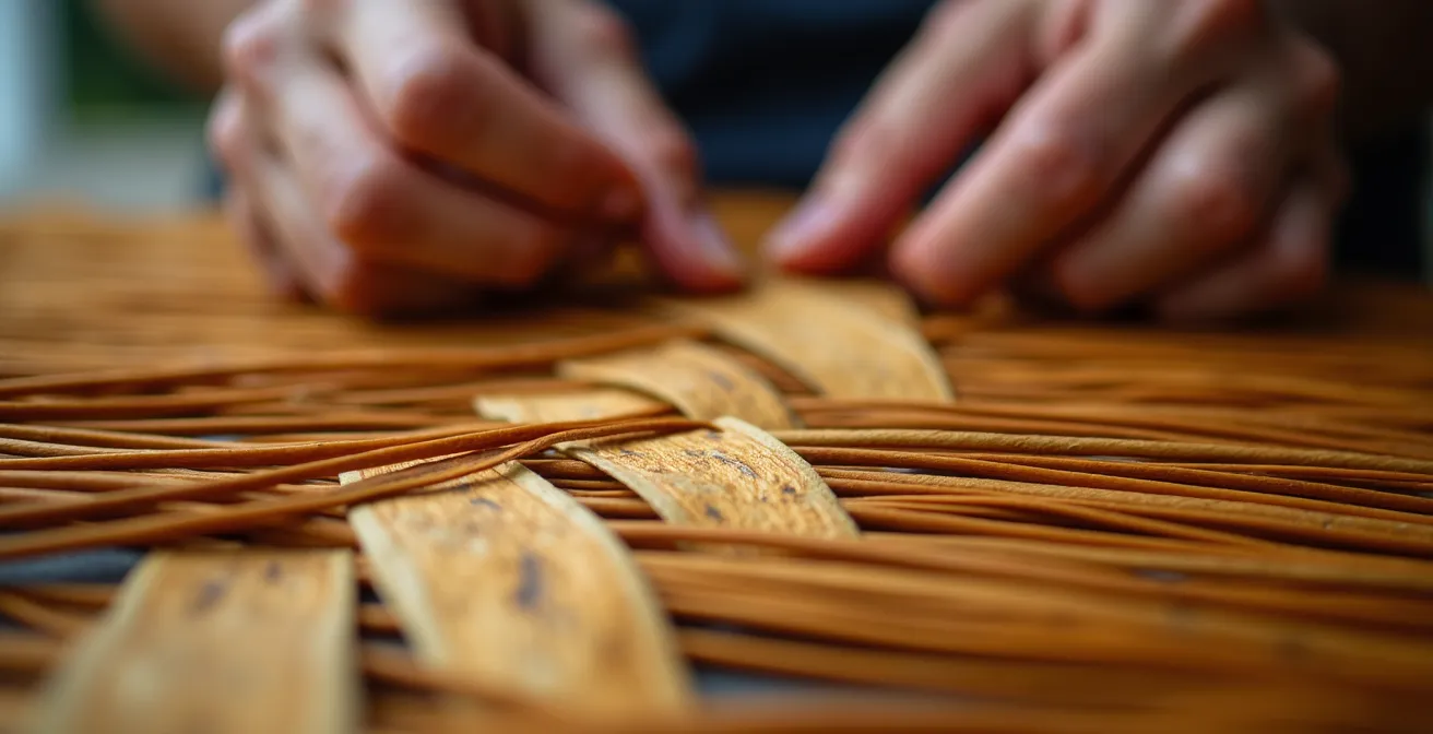 Atelier de tressage de vacoa avec une artisane transmettant son savoir à travers le geste de ses mains.