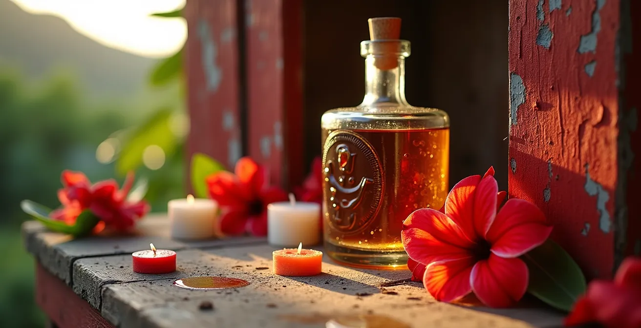 Petit autel rouge de Saint-Expédit au bord d'une route avec bouteille de rhum, fleurs et bougies dans un cadre tropical