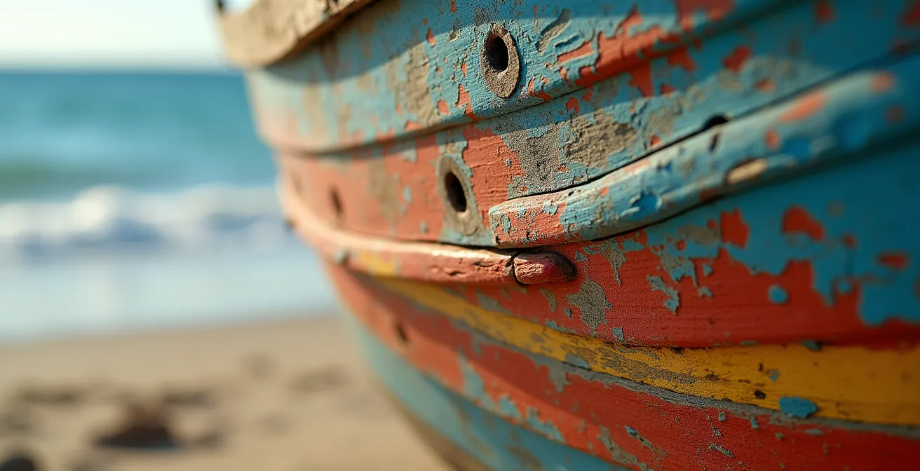 Gros plan sur une barque de pêche traditionnelle aux couleurs vives tirée sur le sable, avec ses motifs peints à la main
