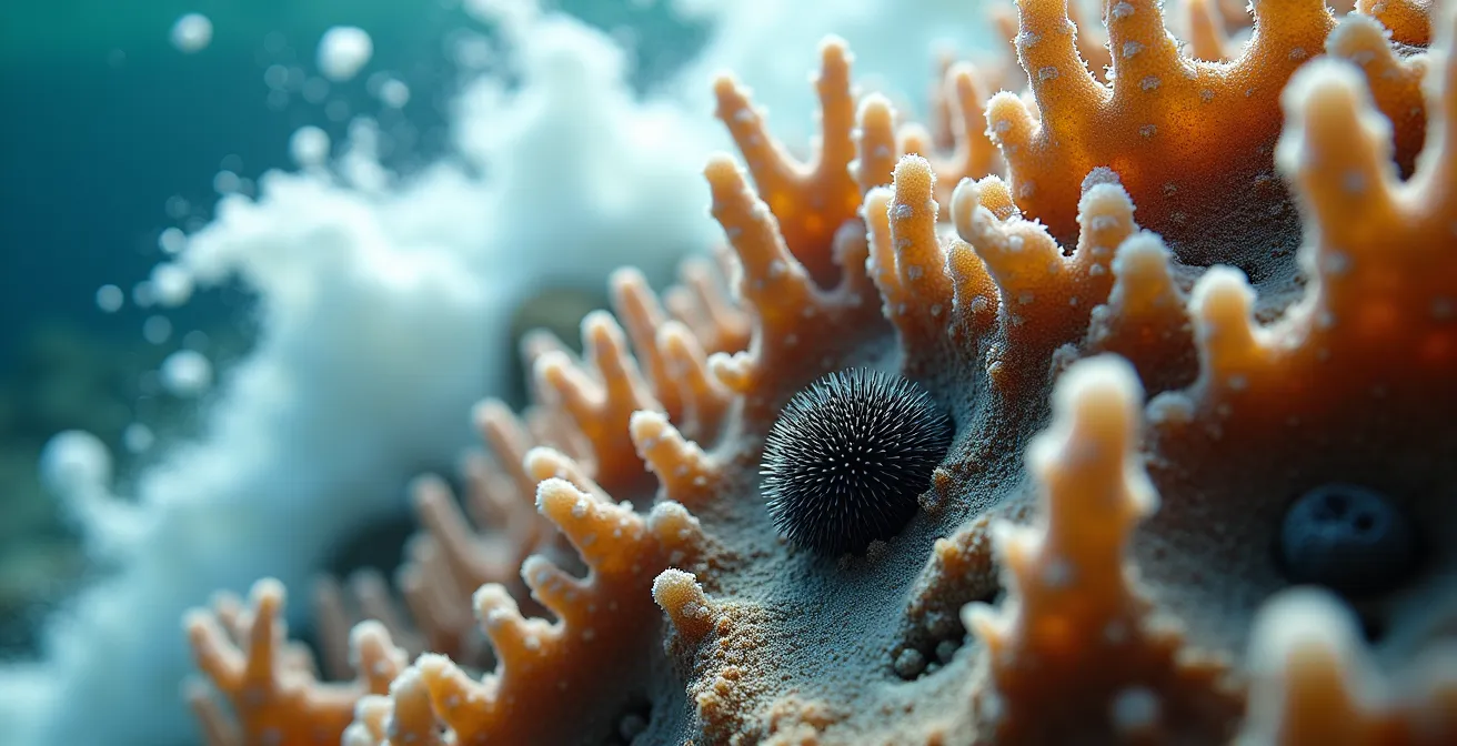 Gros plan sur la texture acérée du corail avec les vagues déferlantes en arrière-plan flou