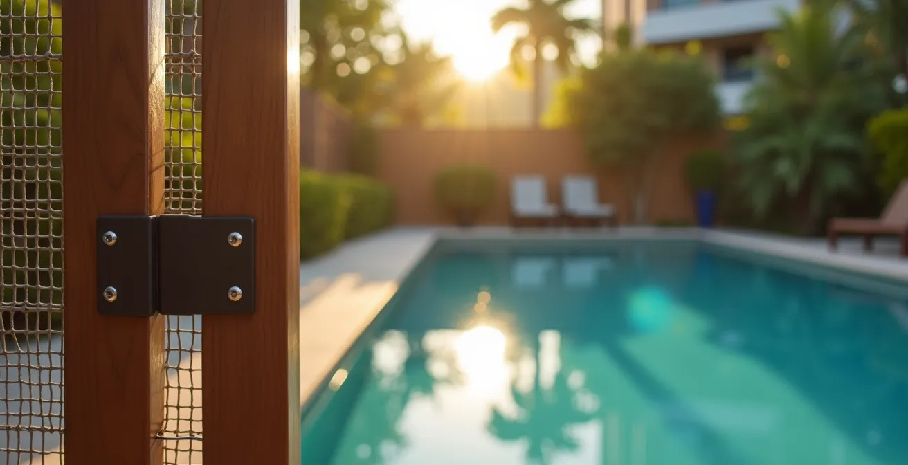 Barrière de sécurité normalisée autour d'une piscine avec système de fermeture sécurisé