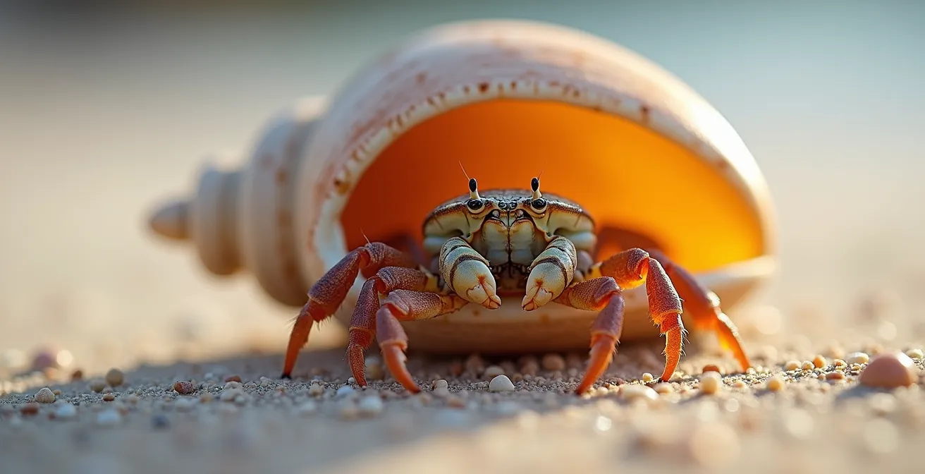 Gros plan macro d'un bernard-l'hermite dans un coquillage vide sur le sable de La Réunion