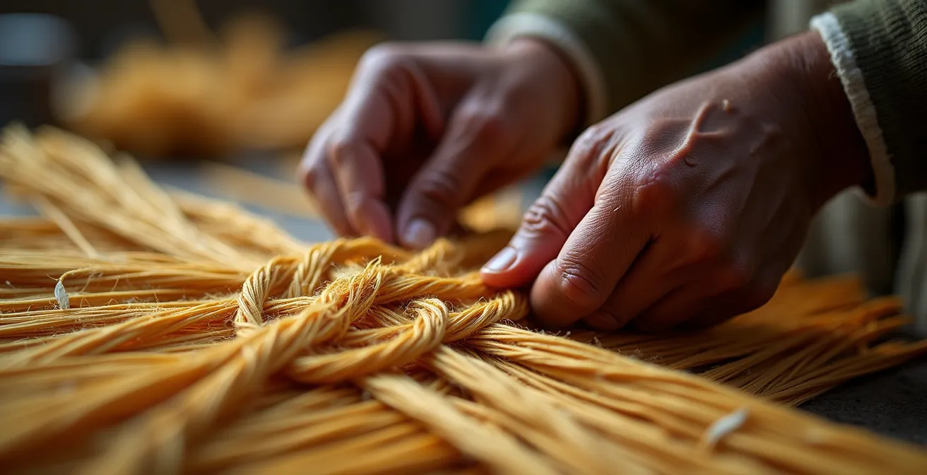 Gros plan sur les mains d'un artisan tressant les fibres de vacoa pour créer un bertel traditionnel