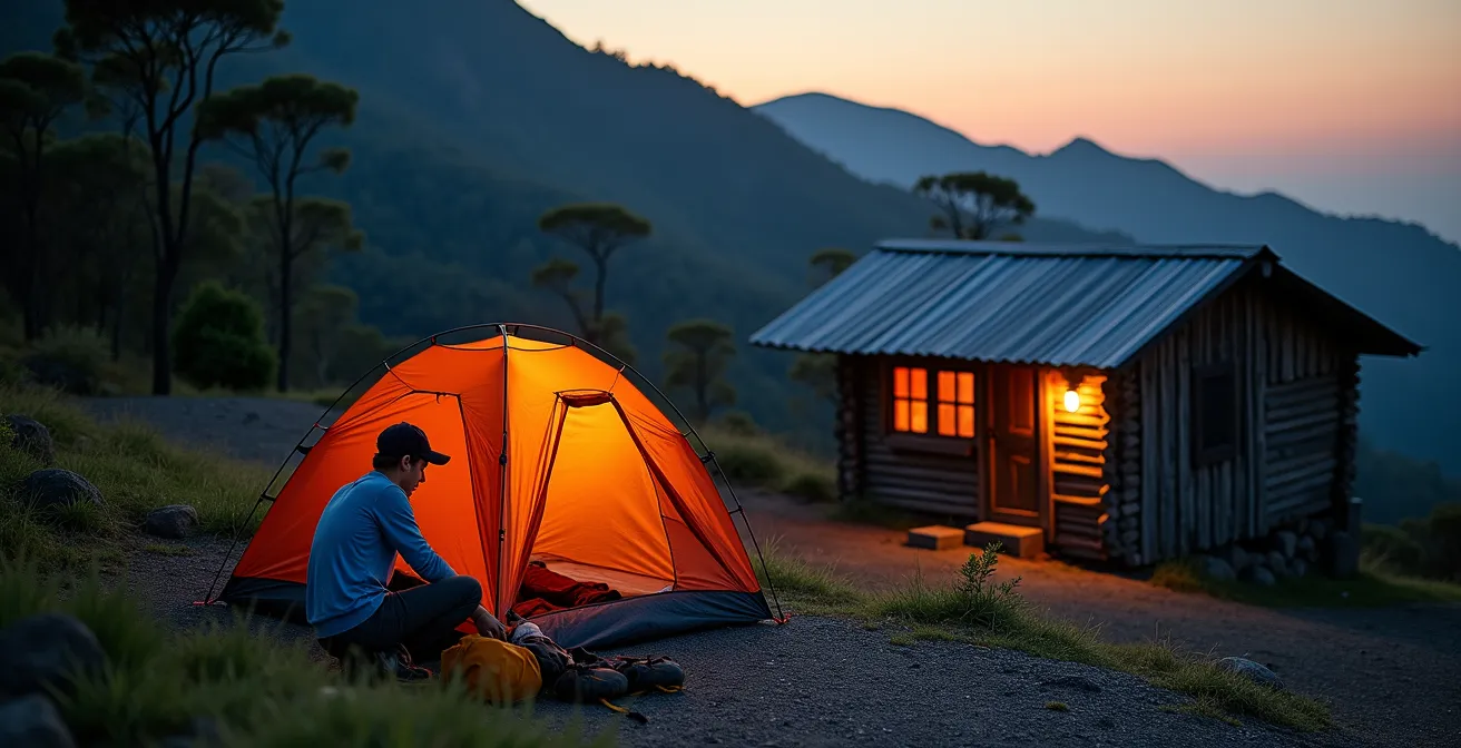 Tente de randonnée installée près d'un gîte de montagne dans les Hauts de La Réunion au crépuscule