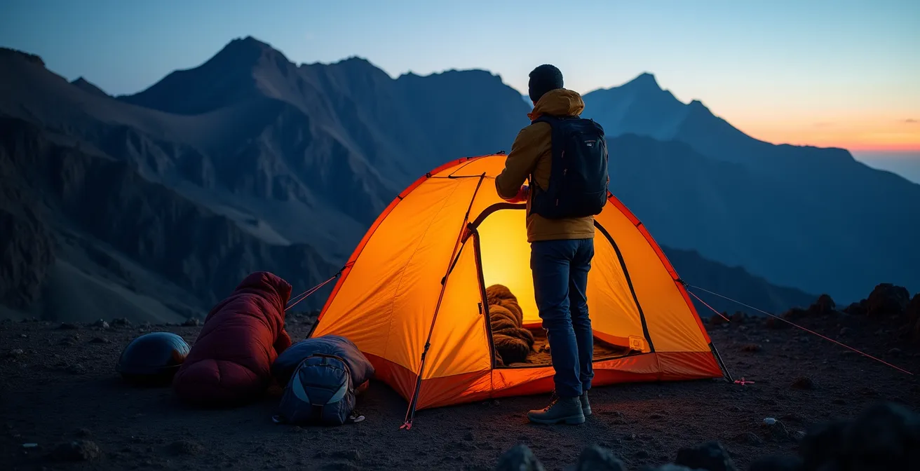 Zone de bivouac autorisée près du Pas de Bellecombe avec tente et équipement adapté au climat volcanique