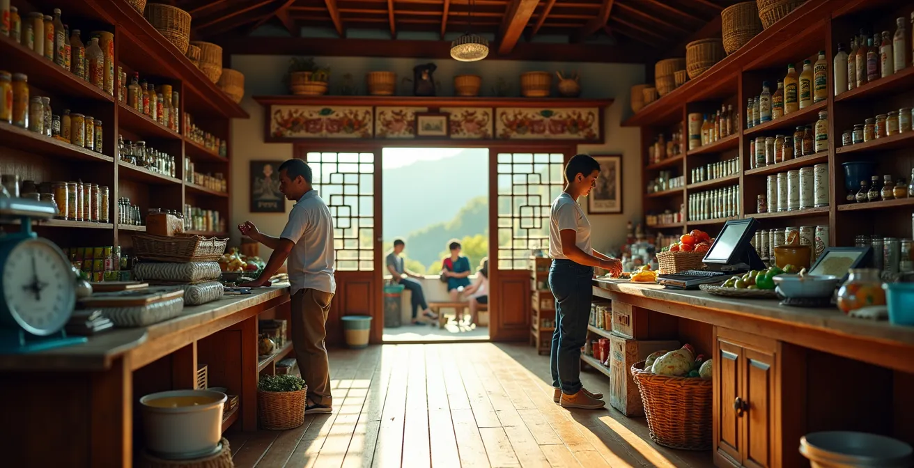 Intérieur authentique d'une boutique chinois traditionnelle à La Réunion avec produits locaux