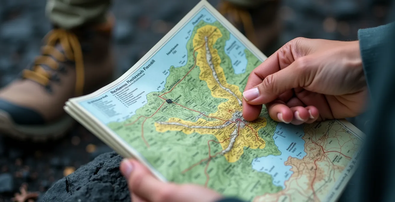 Randonneur consultant une carte topographique du Parc National avec zones colorées indiquant le cœur et l'aire d'adhésion