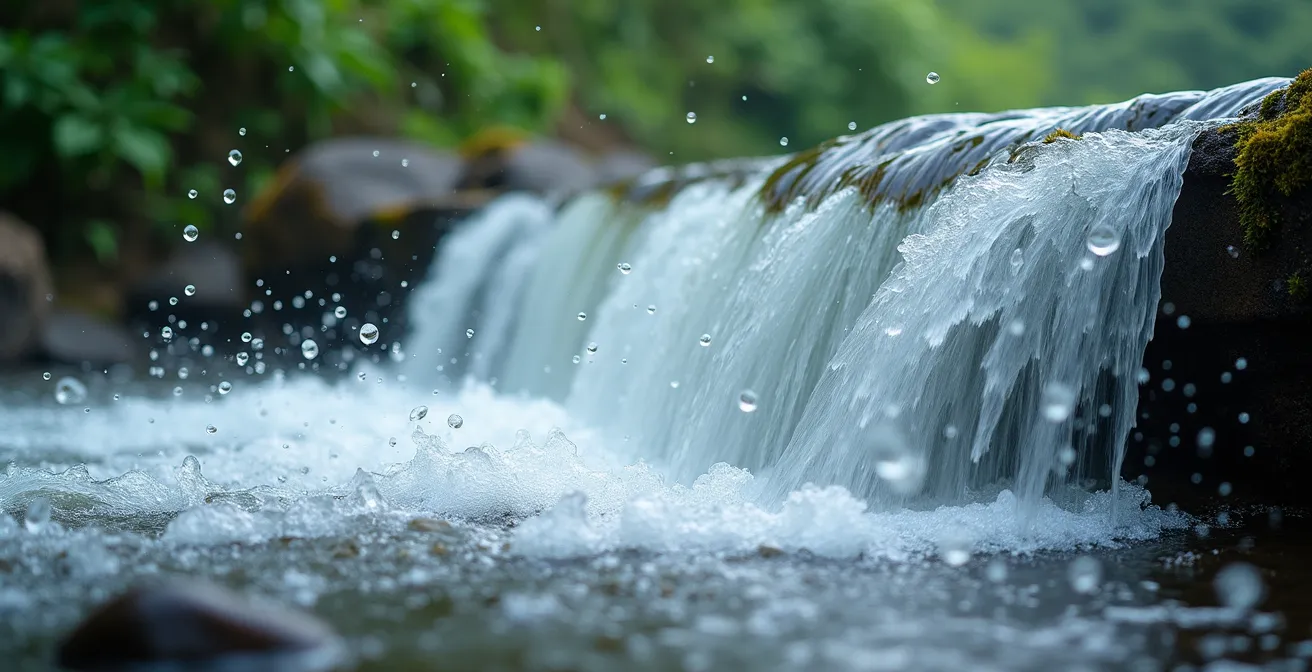 Cascade de Grand Galet à Langevin en pleine puissance pendant la saison des pluies, entourée de végétation tropicale luxuriante