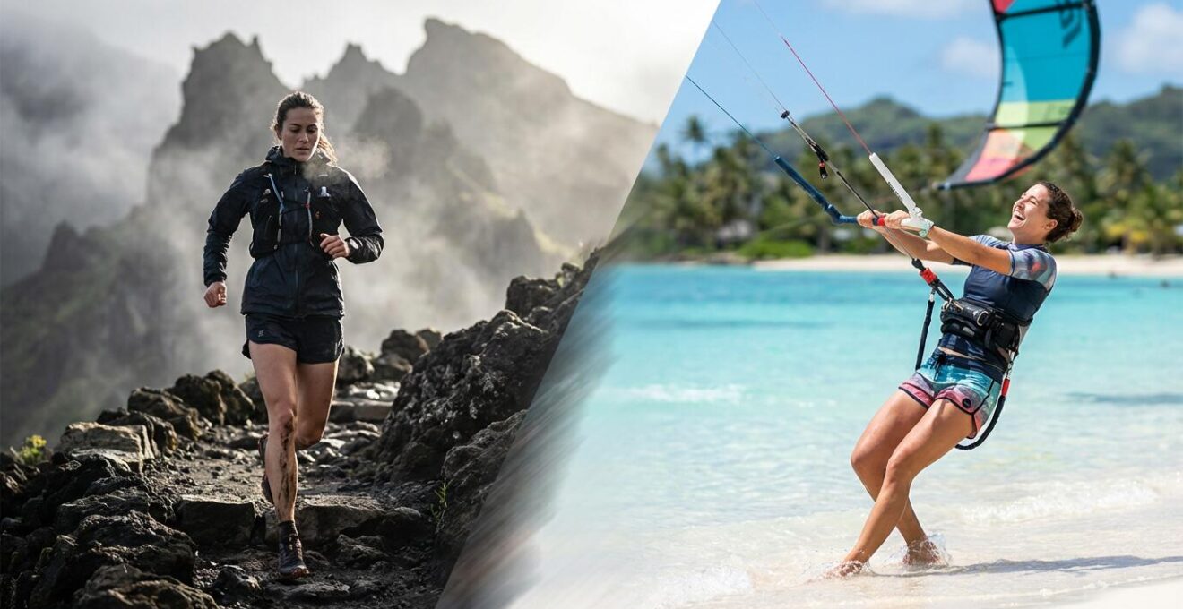 Sportif en transition entre trail montagnard et kitesurf lagon tropical