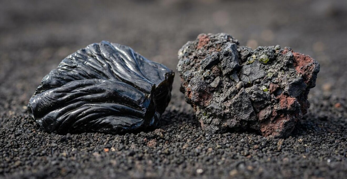 Coupe géologique montrant la différence entre lave fluide basaltique et lave visqueuse avec texture comparative