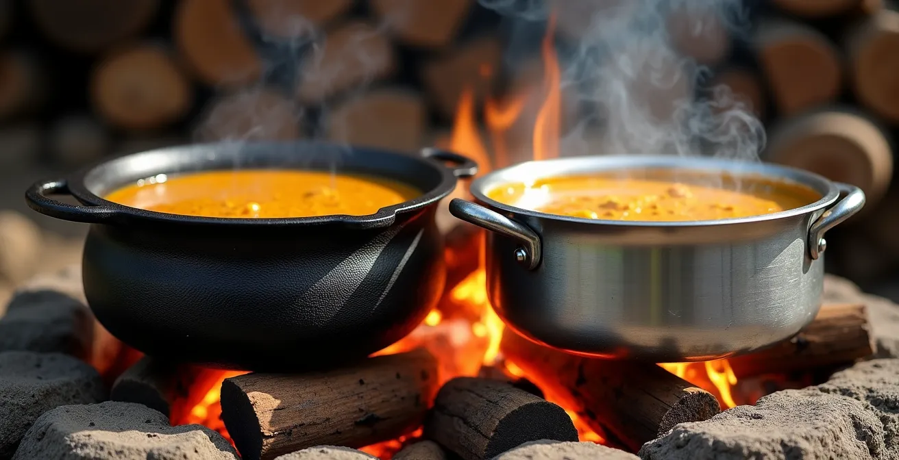 Deux marmites côte à côte sur un foyer, une en fonte noire patinée et une en aluminium brillant