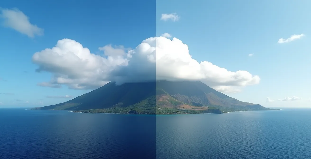 Vue comparative montrant le Piton des Neiges de La Réunion capturant les nuages tandis que l'île Maurice, plus plate, reste dégagée