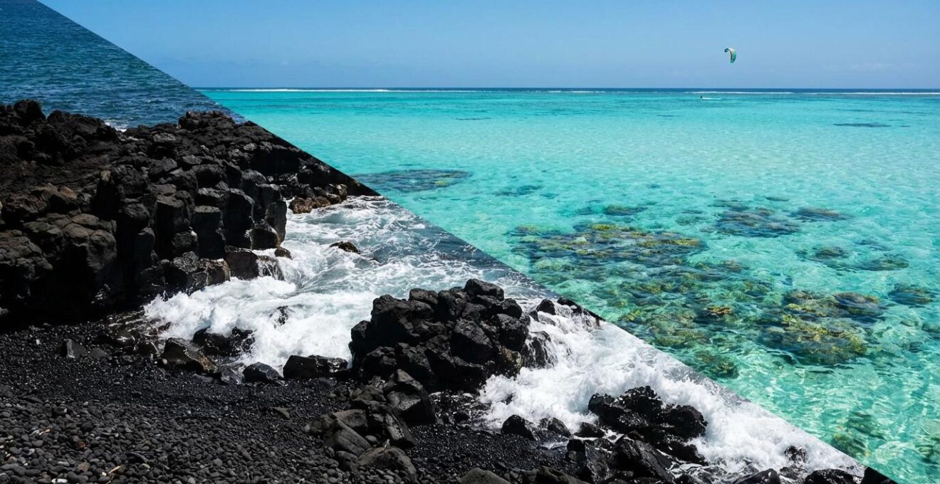 Contraste saisissant entre plage volcanique de galets noirs et lagon turquoise infini