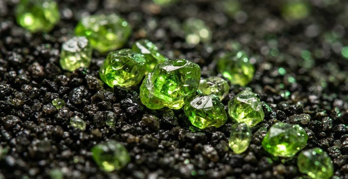 Gros plan macro sur des cristaux d'olivine verts dans du sable volcanique noir de La Réunion