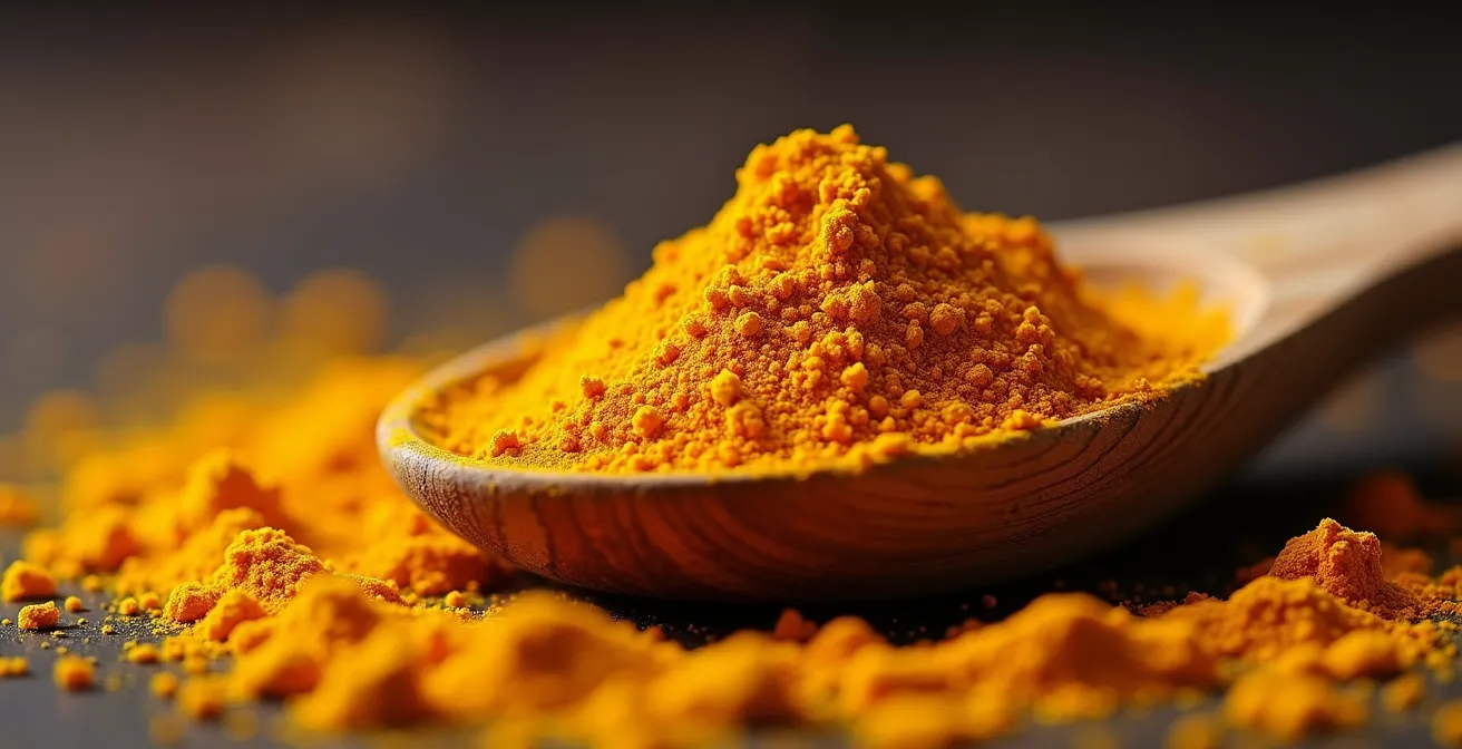 Cuillère à café avec poudre de curcuma dorée de la Plaine des Grègues sur surface en bois naturel