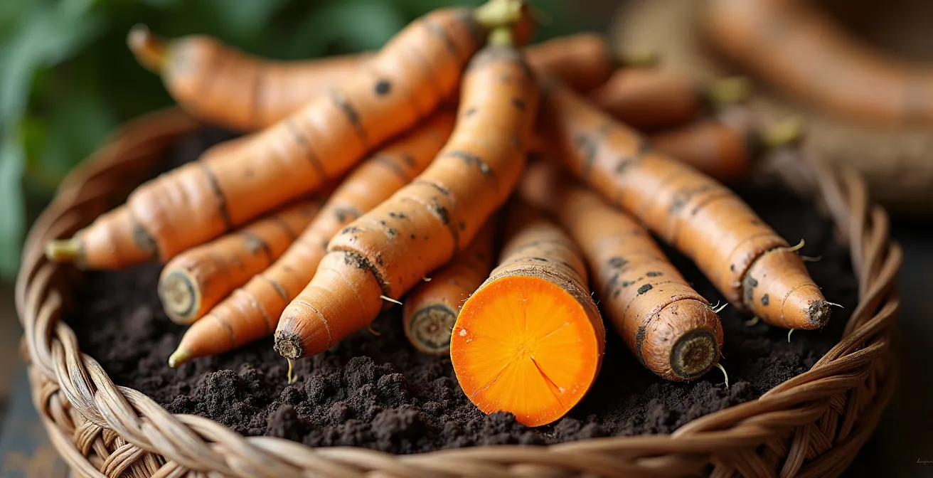 Rhizomes de curcuma de la Plaine des Grègues avec terre fraîche, couleur orange vif caractéristique