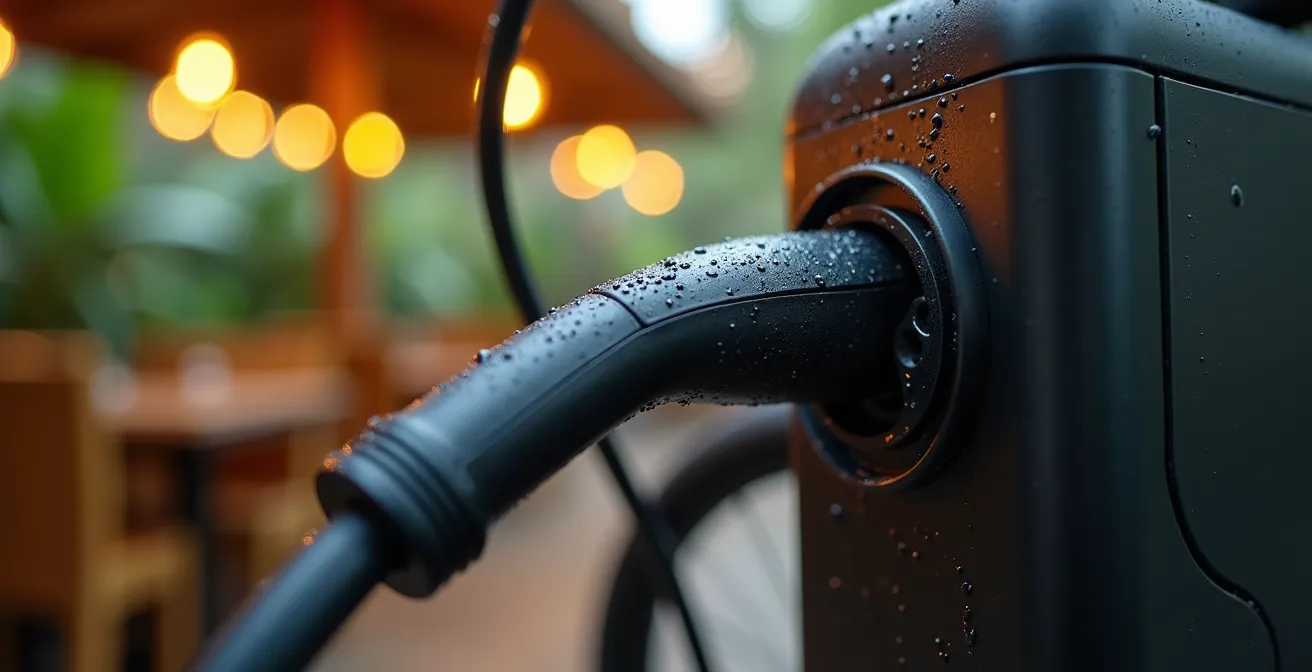 Cycliste rechargeant la batterie de son VAE dans un restaurant créole accueillant