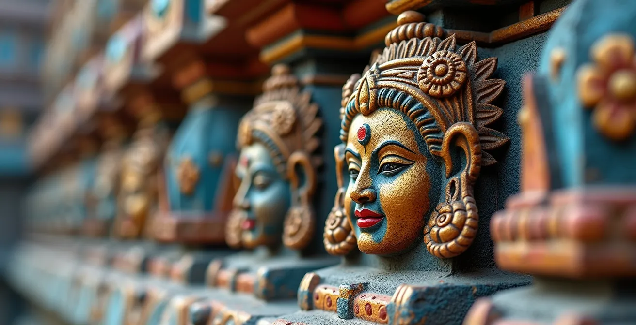 Détails architecturaux colorés d'un gopuram de temple tamoul à La Réunion