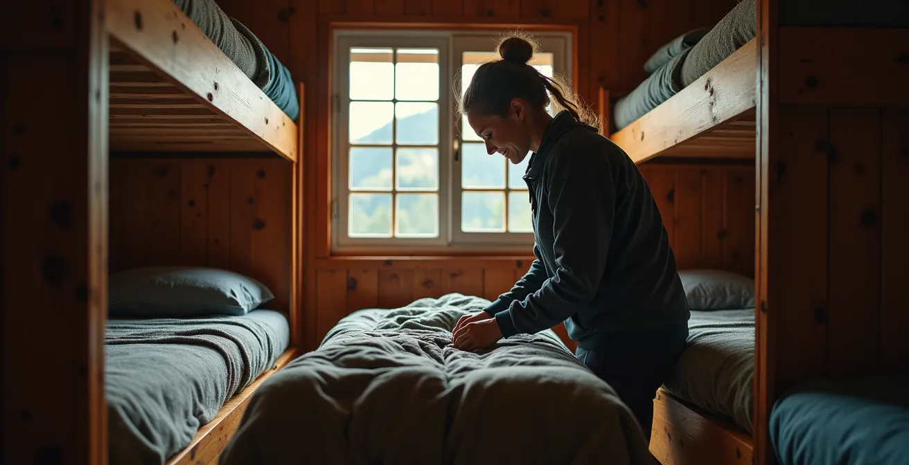 Dortoir typique d'un gîte de Mafate avec lits superposés et couvertures épaisses