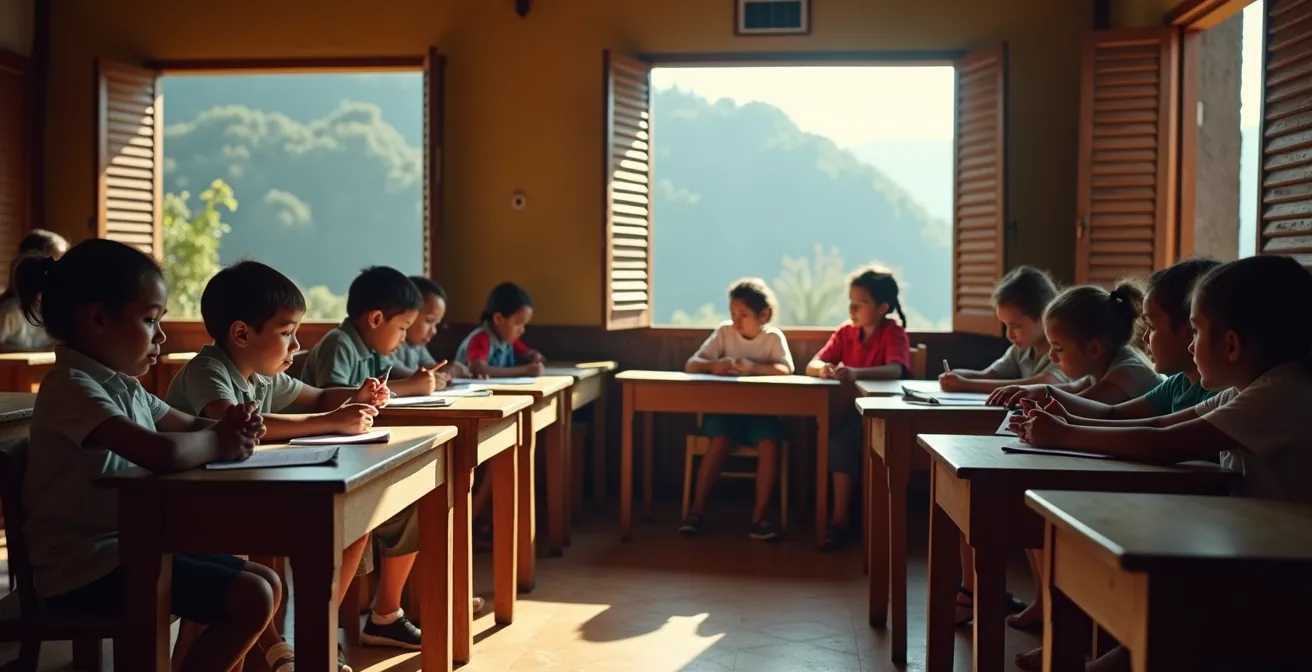 Intérieur d'une classe unique multi-niveaux dans un îlet de Mafate avec enfants d'âges différents