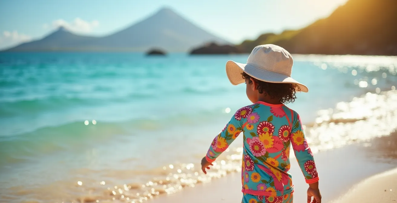 Enfant protégé du soleil avec lycra anti-UV sur la plage de Boucan Canot à La Réunion