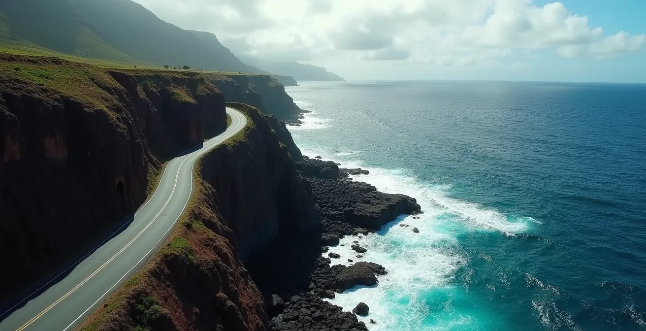 Vue aérienne d'une route serpentant le long d'une falaise abrupte avec l'océan Indien en contrebas