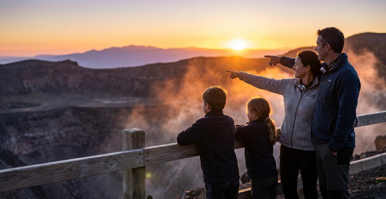 Parents et enfants admirant le lever du soleil sur le cratère Dolomieu depuis le Pas de Bellecombe