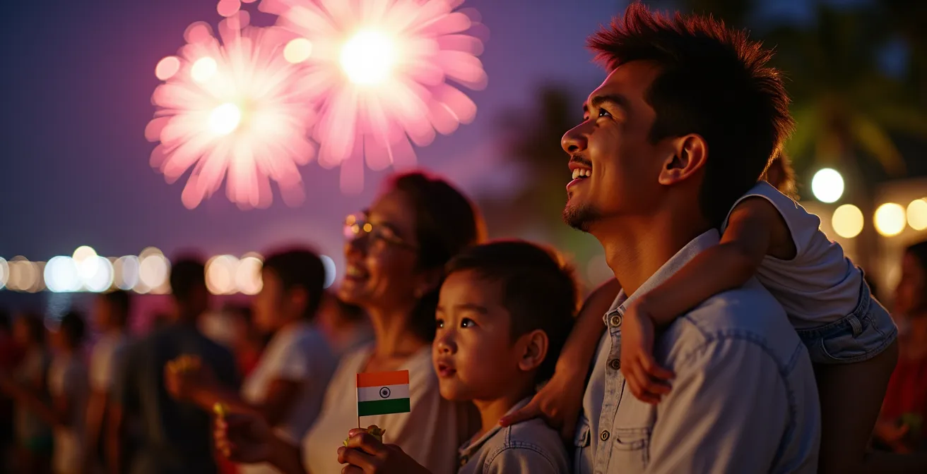 Vue panoramique du front de mer de Saint-Pierre pendant le feu d'artifice du 14 juillet