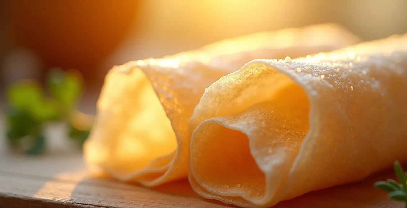 Vue macro d'une feuille de pâte spring roll montrant sa texture fine et translucide