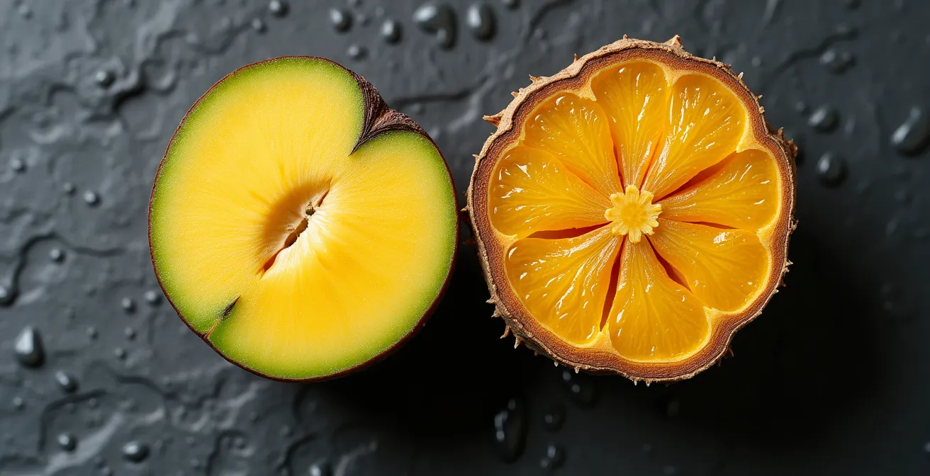 Comparaison visuelle entre gingembre mangue et gingembre classique, coupe transversale montrant les différences de couleur et texture