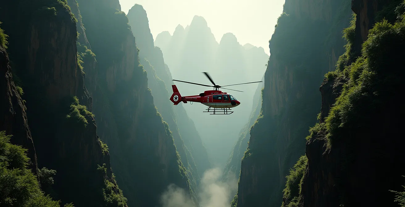 Hélicoptère de secours manœuvrant prudemment entre les parois d'une ravine volcanique étroite