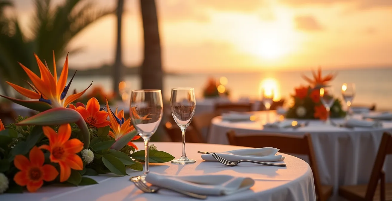Terrasse d'hôtel de luxe avec vue océan préparée pour une réception de mariage au coucher du soleil
