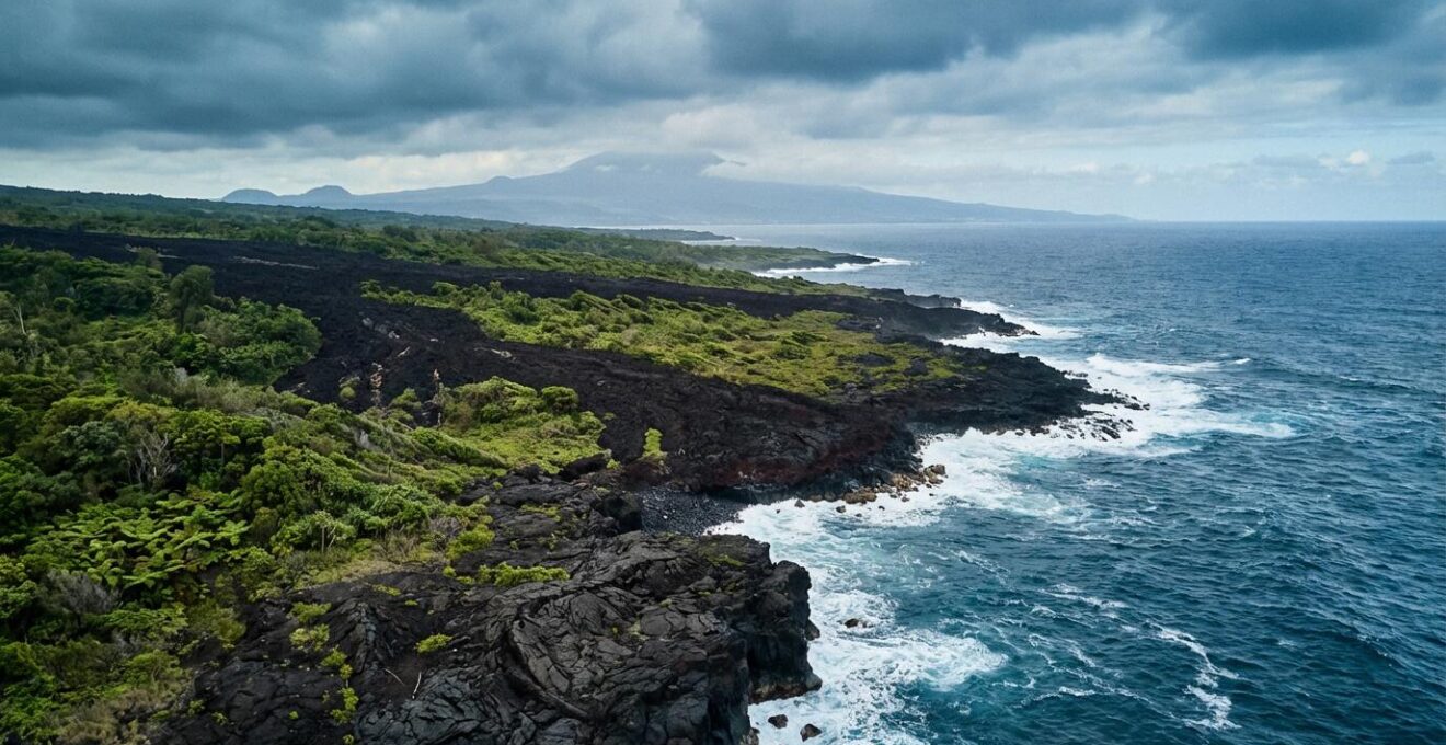 Vue aérienne spectaculaire de la côte Est de La Réunion montrant l'expansion de l'île par les coulées de lave
