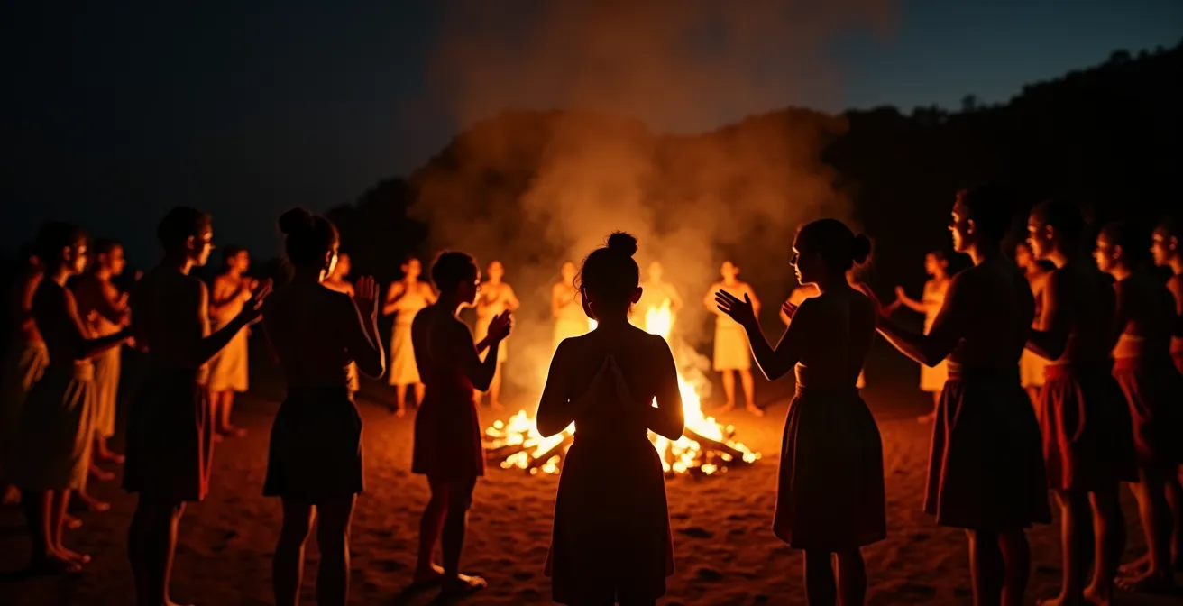 Cérémonie de Maloya nocturne avec musiciens et danseurs en cercle autour d'un feu