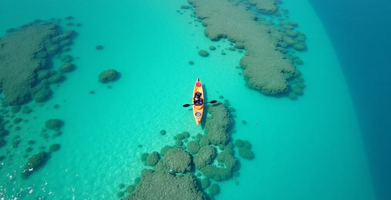 Vue aérienne d'un kayak transparent naviguant au-dessus des coraux dans le lagon de l'Hermitage à La Réunion