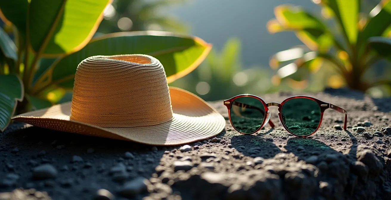 Ensemble d'accessoires de protection solaire disposés sur roche volcanique avec végétation tropicale en arrière-plan