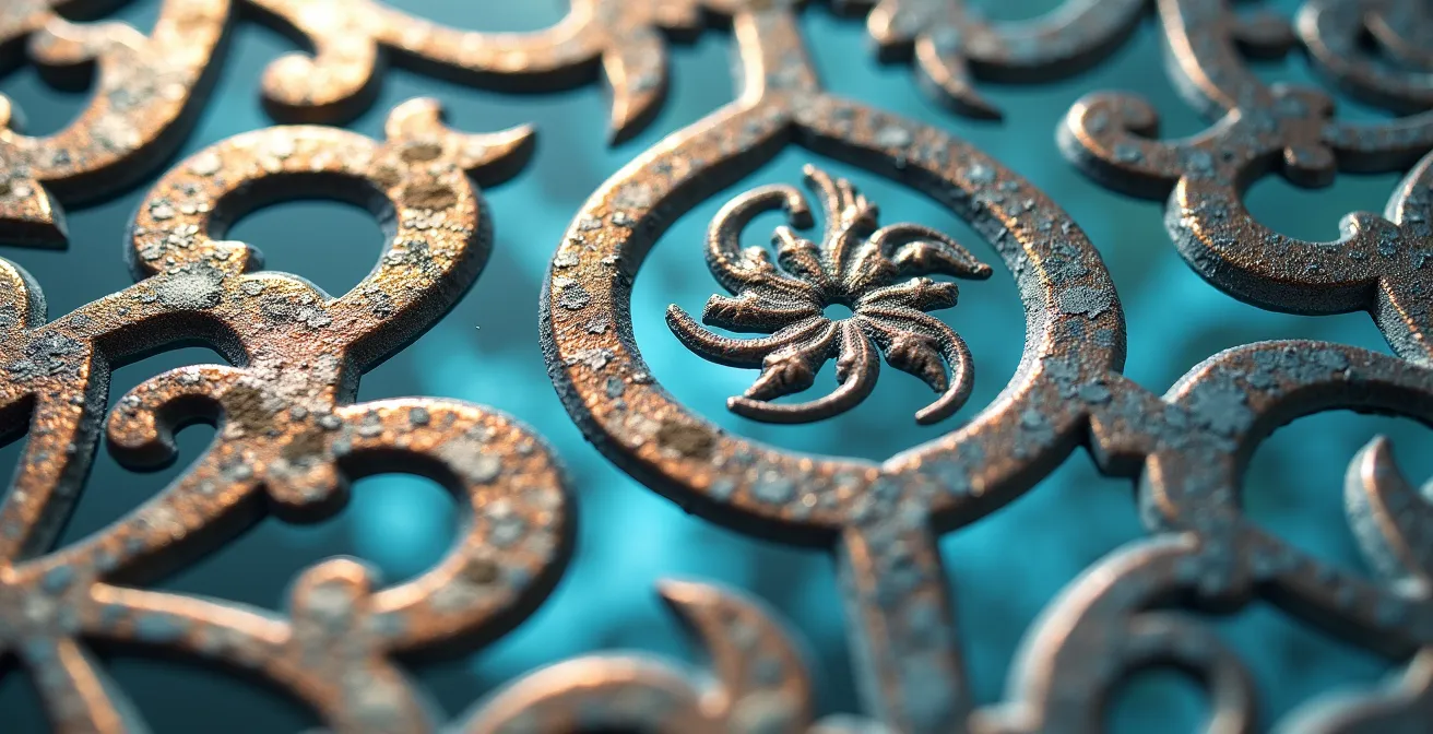 Gros plan sur un lambrequin traditionnel en tôle découpée avec ses motifs géométriques caractéristiques