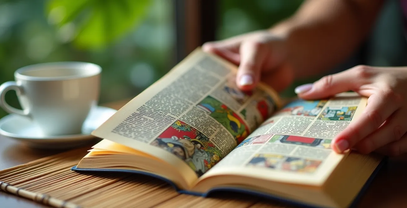 Jeune lisant une bande dessinée créole dans un café tropical