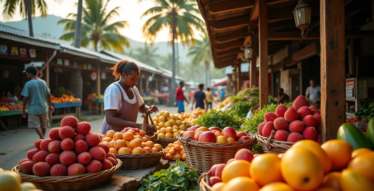 Vue d'ensemble d'un marché forain réunionnais avec étals colorés de fruits et légumes locaux dans une ambiance matinale
