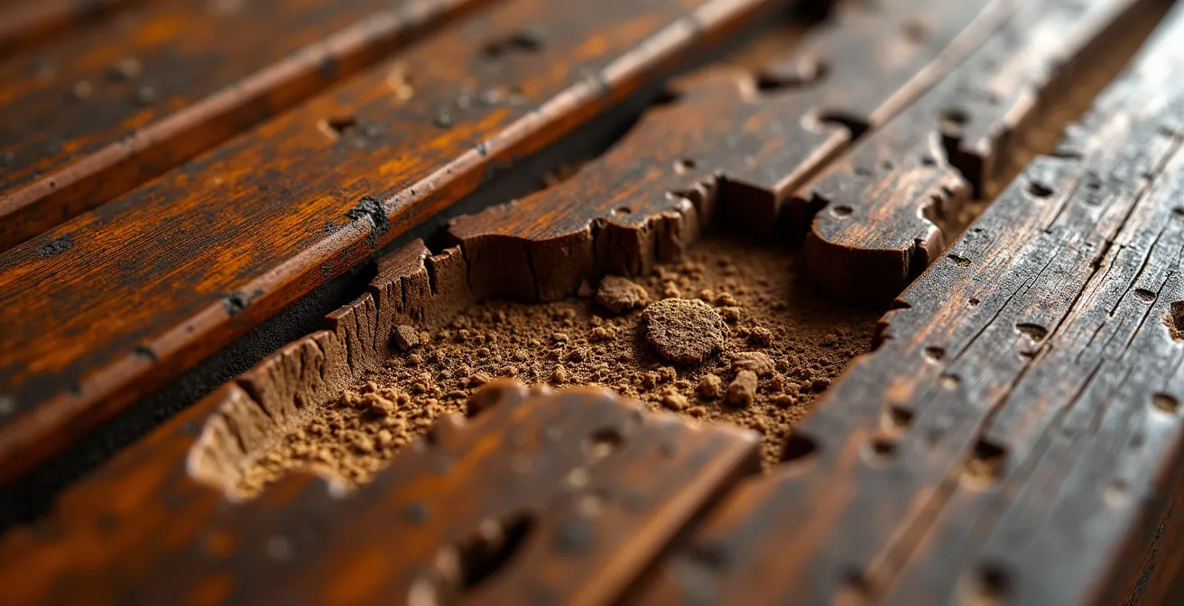 Détail macro d'un meuble créole ancien montrant les galeries de termites et traces d'humidité