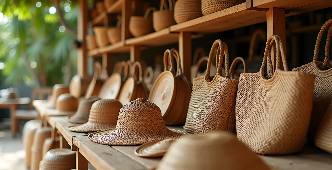 Collection d'objets en vacoa tressé, incluant des paniers, des bertels et des chapeaux, exposés sur un étal de marché à La Réunion.
