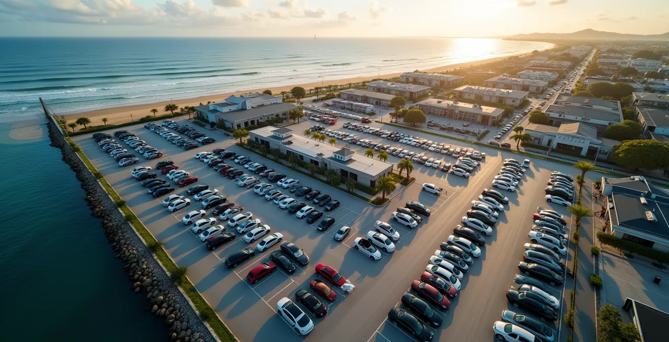 Vue aérienne des zones de stationnement autour du marché de Saint-Paul avec le front de mer