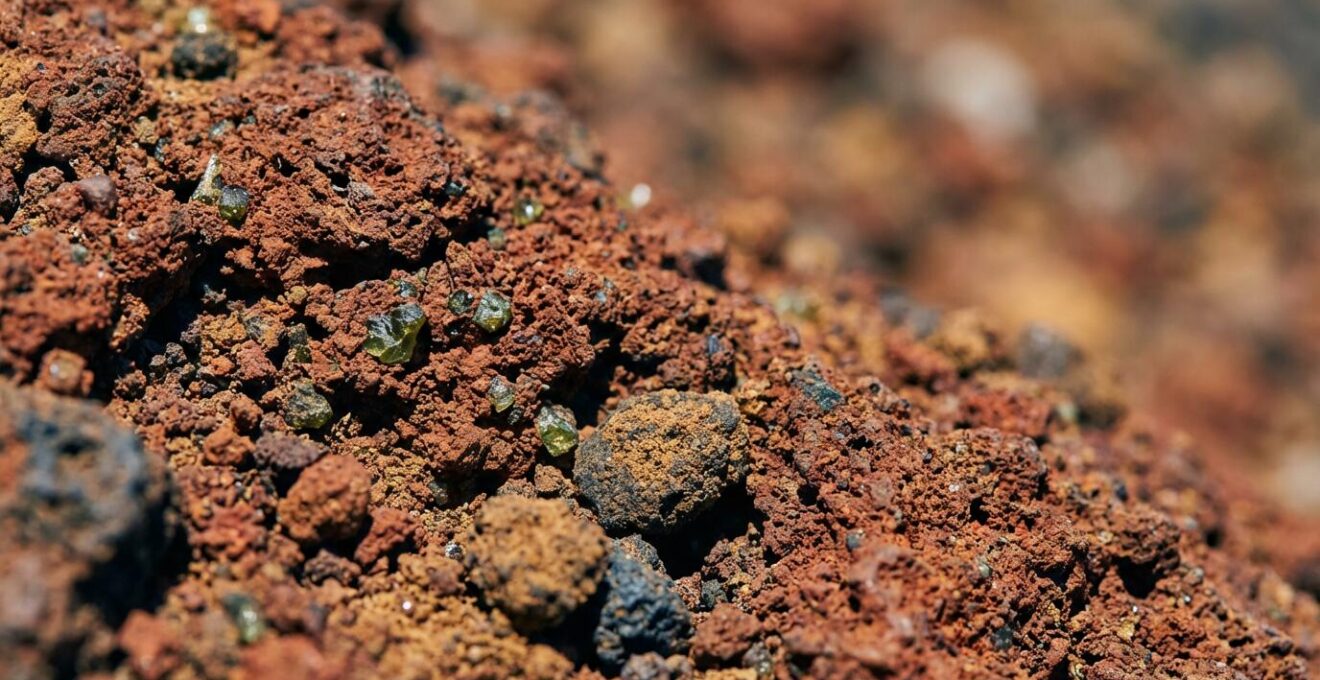 Détail macro de la roche volcanique rouge oxydée de la Plaine des Sables rappelant la surface de Mars
