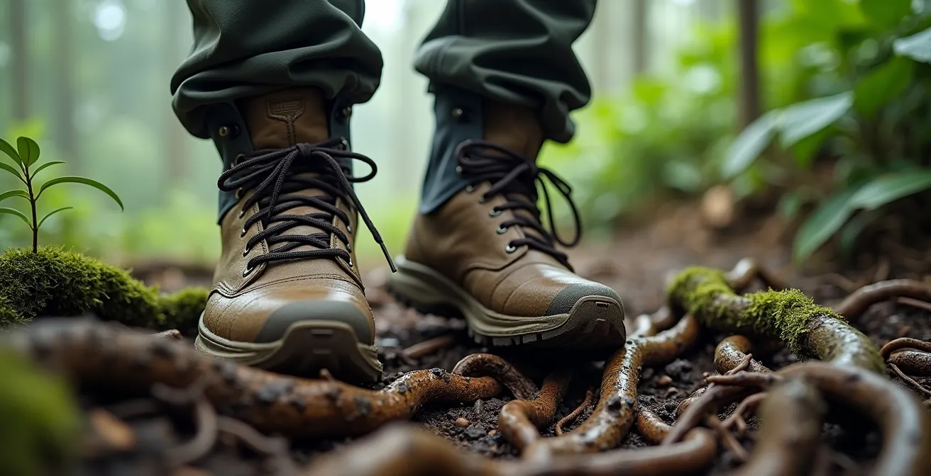 Gros plan sur des chaussures de randonnée boueuses avec guêtres sur un sentier forestier humide