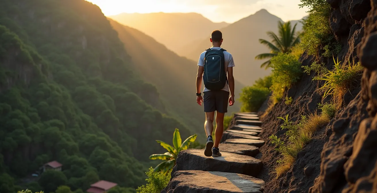 Randonneur avec sac à dos optimisé traversant un îlet du cirque de Mafate