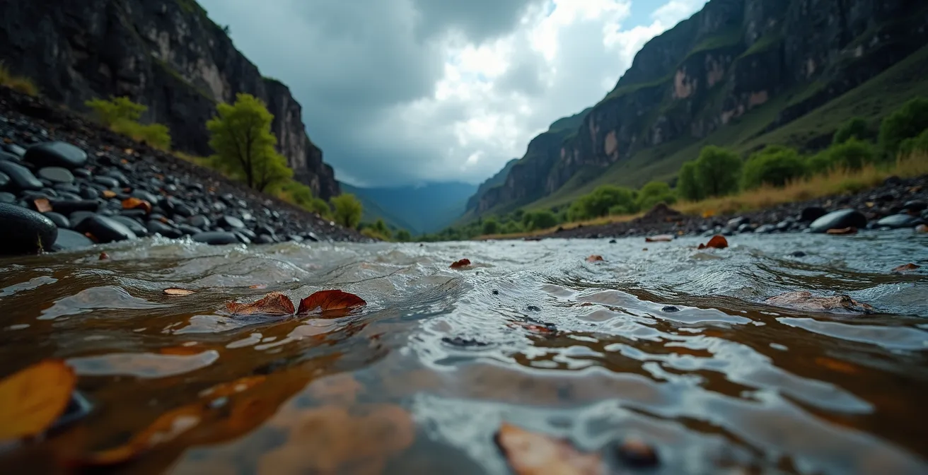 Vue en contre-plongée d'une rivière réunionnaise montrant l'eau trouble et les premiers signes d'une crue éclair