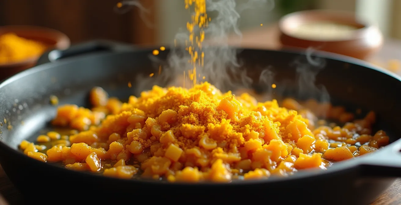 Oignons dorés dans une marmite créole avec curcuma sur feu traditionnel
