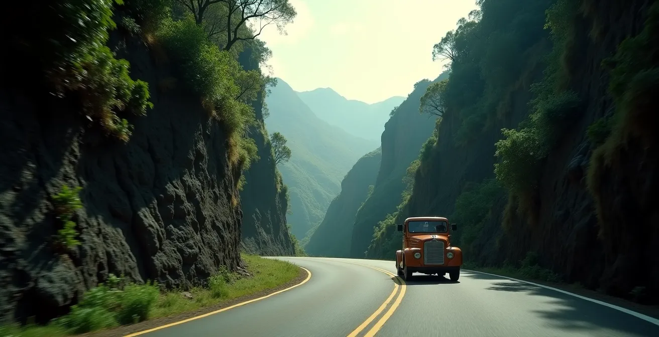 Route sinueuse de montagne avec virage en épingle à cheveux près de Cilaos